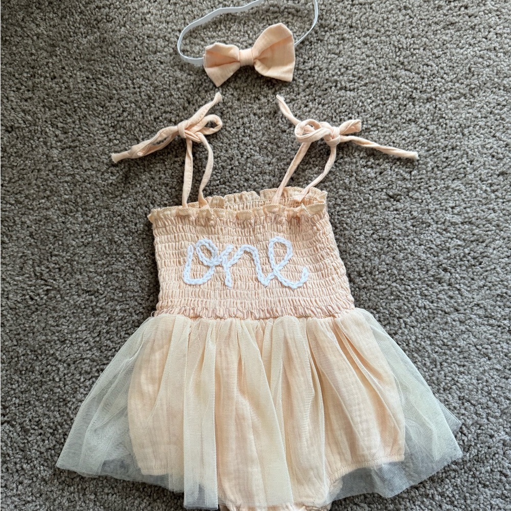 Peach Baby First Birthday Romper with Bow